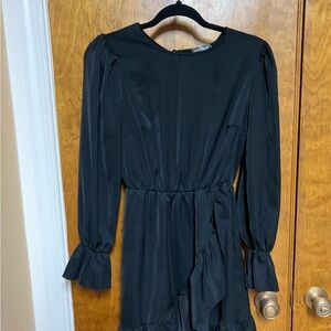 Chic Style Black Long Sleeve Ruffle Hem Mini Dress